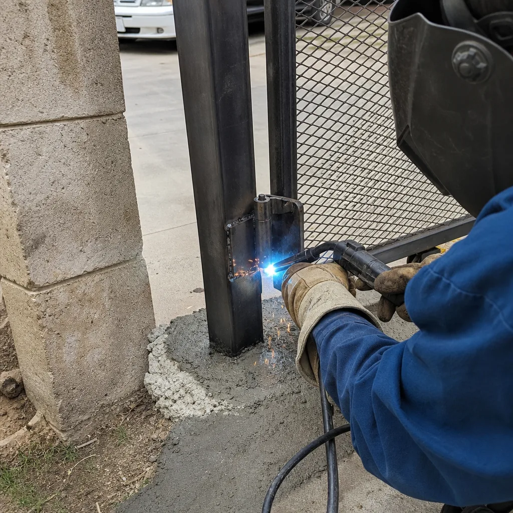 Professional welder performing metal gate hinge repair and installation