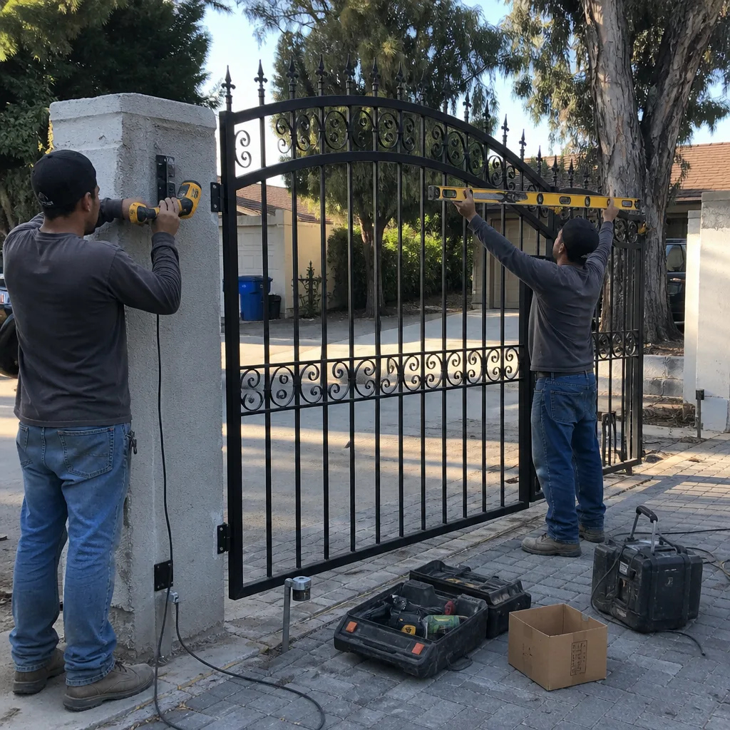 Two professional technicians installing a custom wrought iron gate.
