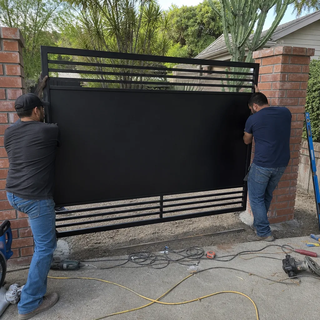 Two professional installers mounting a modern black metal driveway gate