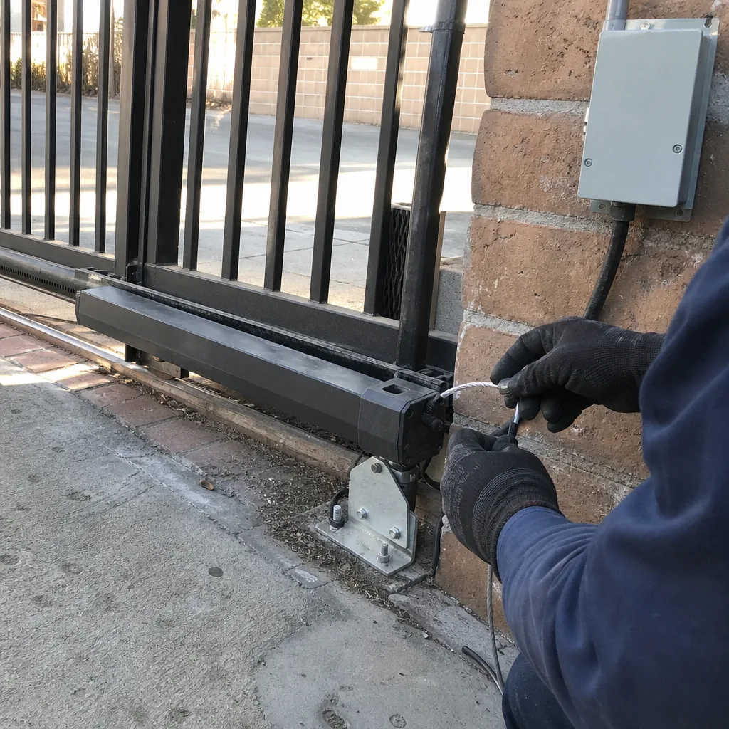 Technician performing professional repair on a sliding gate motor and opener