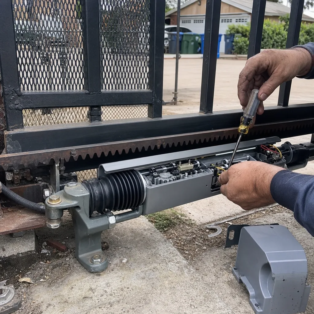 Technician performing professional repair on an automatic sliding gate motor opener