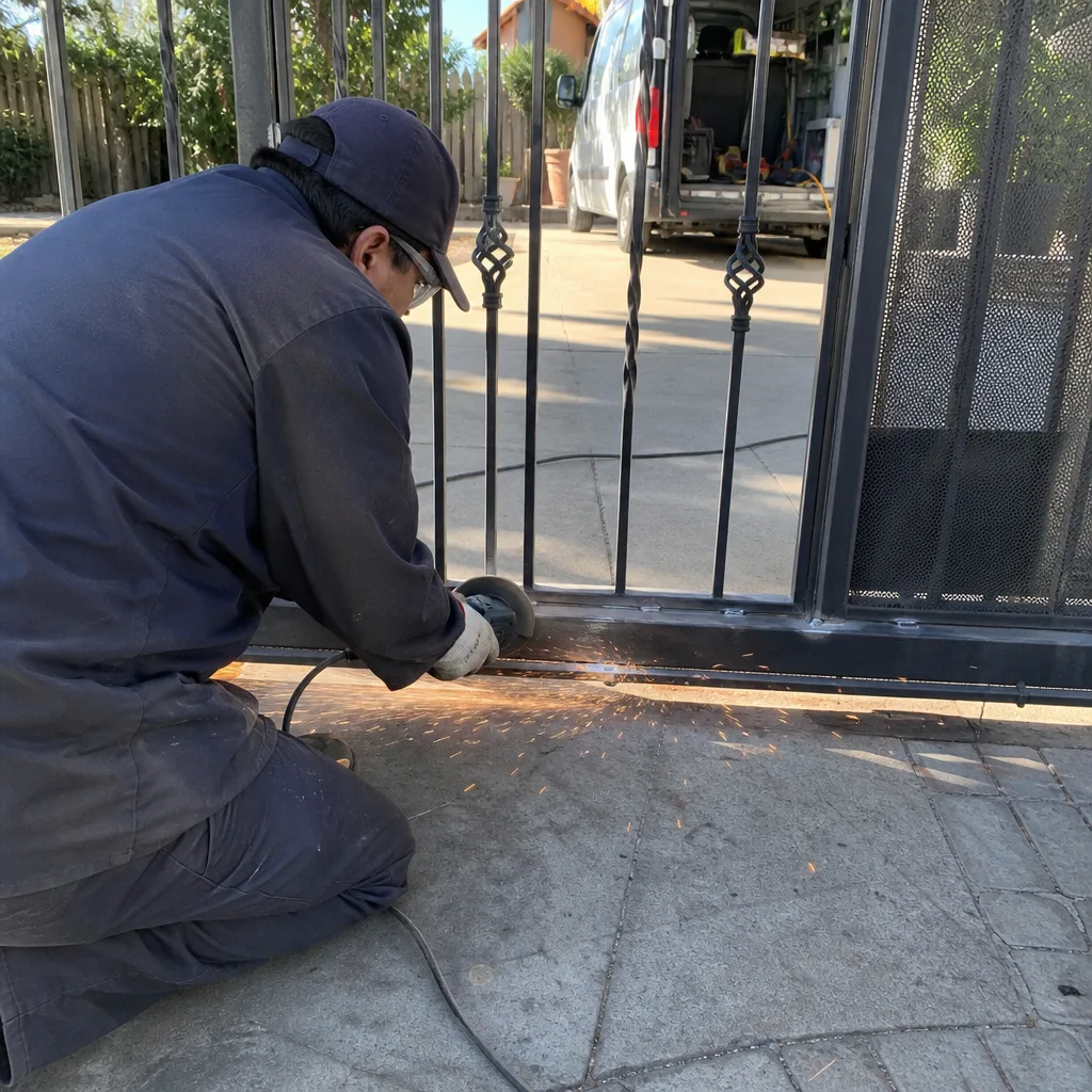 Technician using an angle grinder for metal gate repair and maintenance