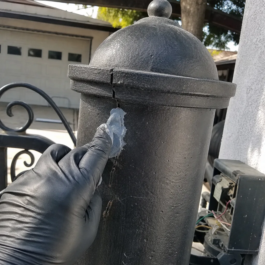 Repairing a cracked metal gate post with epoxy filler