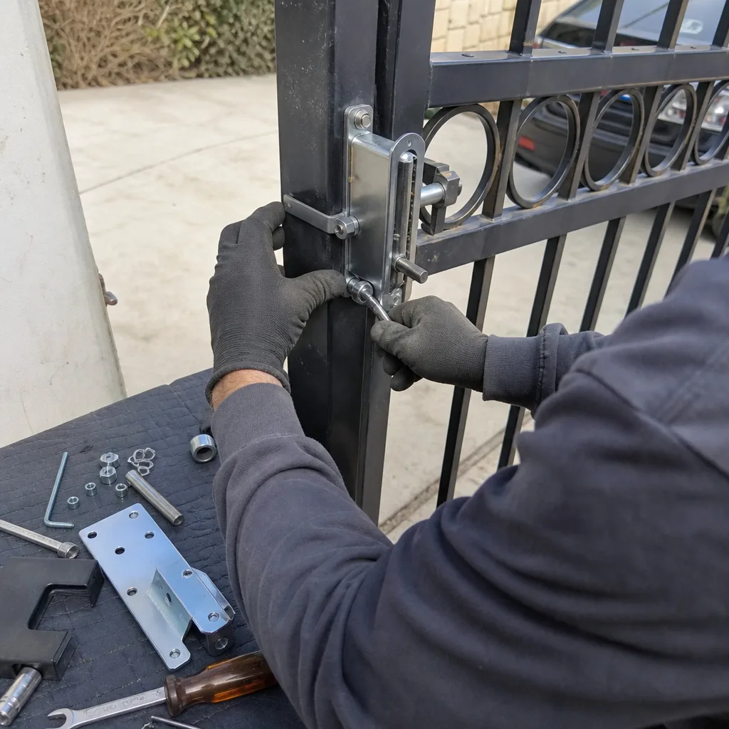 Professional technician installing a gate lock mechanism on a metal fence